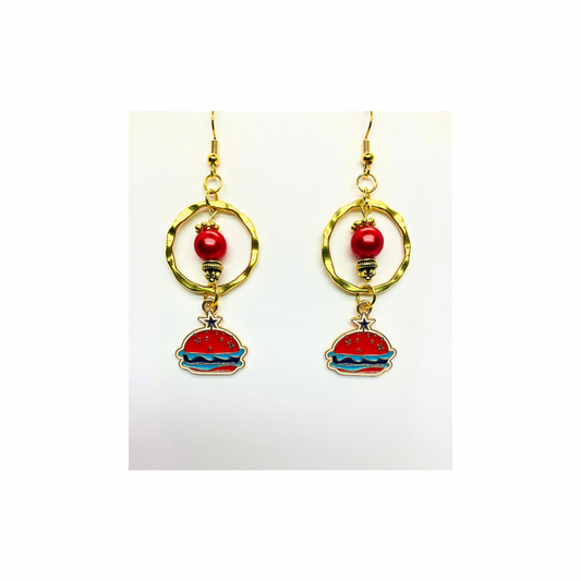 Patriotic Collection Gold Circle with Hamburger Charm Dangle Earrings