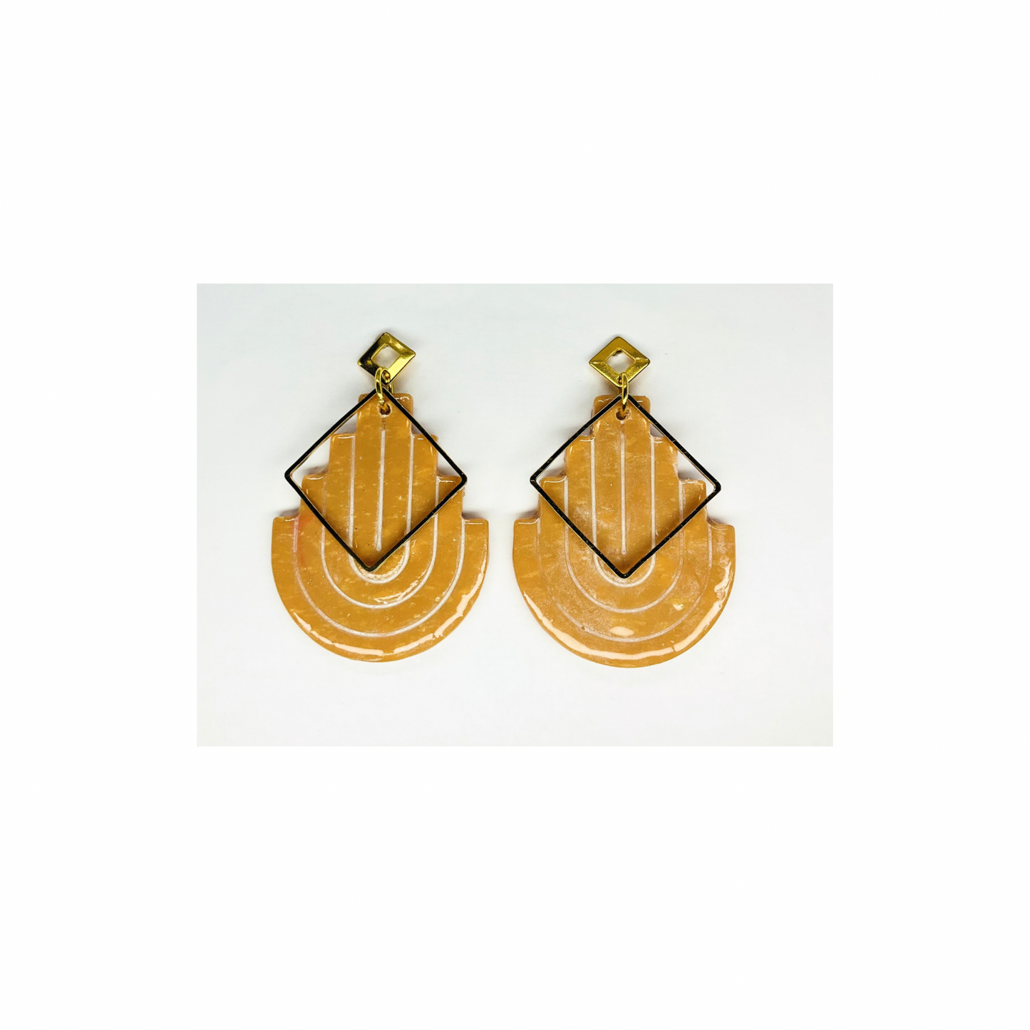 Tan U Shaped Dangle with Gold Embellishment Stus Earrings-Crafting By BB