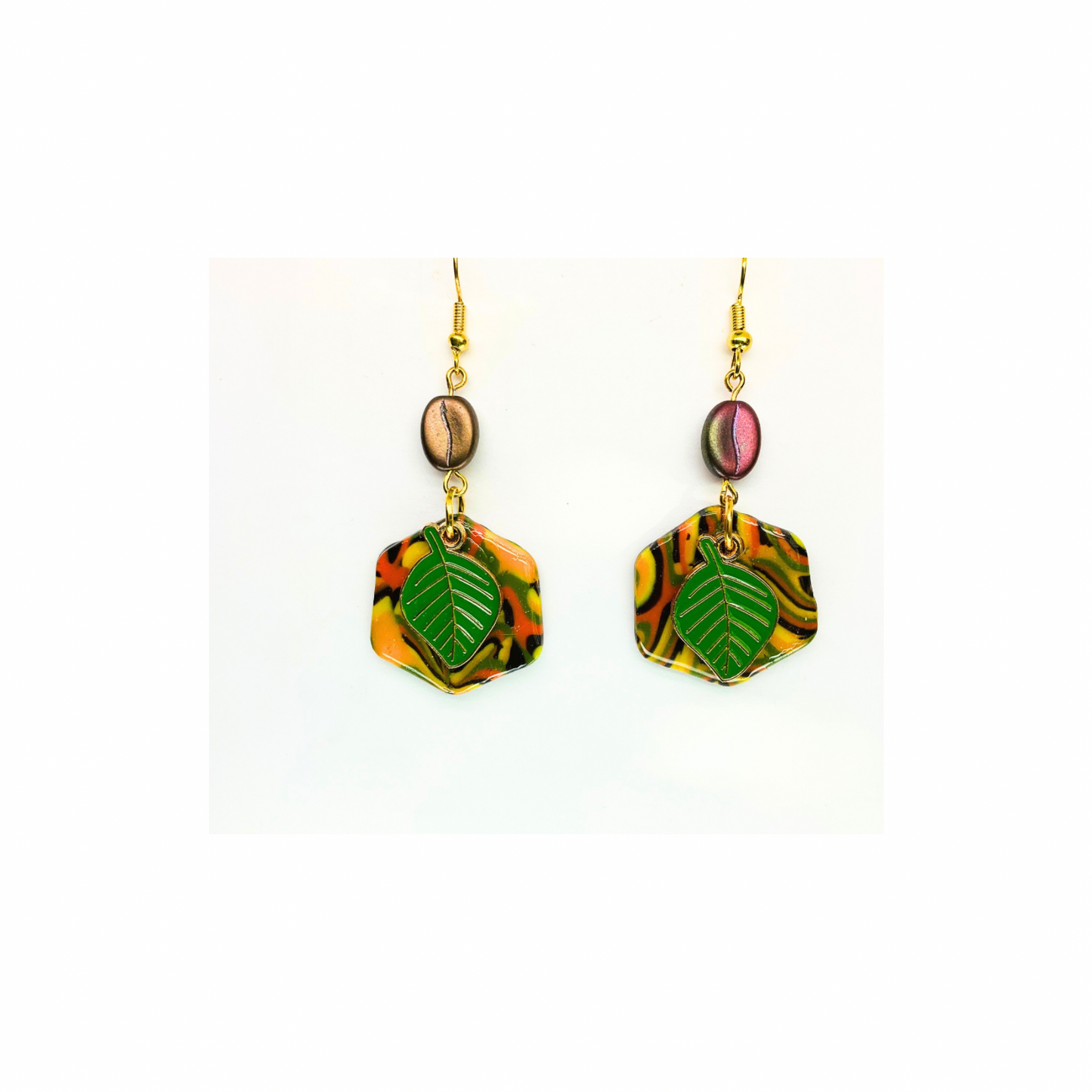 Fall Collection Deep Green Leaf Charm Dangle Earrings with Colorful Hexagon Design and Gold Hooks