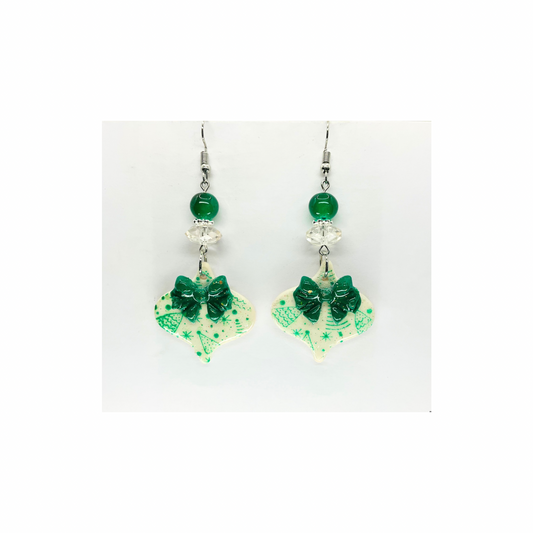 White Ornament with Green Bow and Bead Embellishment Dangle Earring for Festive Outfits