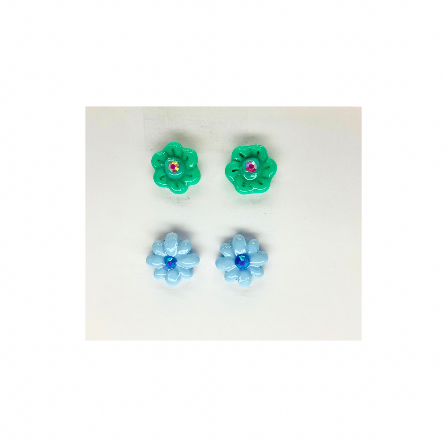 Blue and Green Flower Studs with Rhinestone Earrings-Crafting By BB