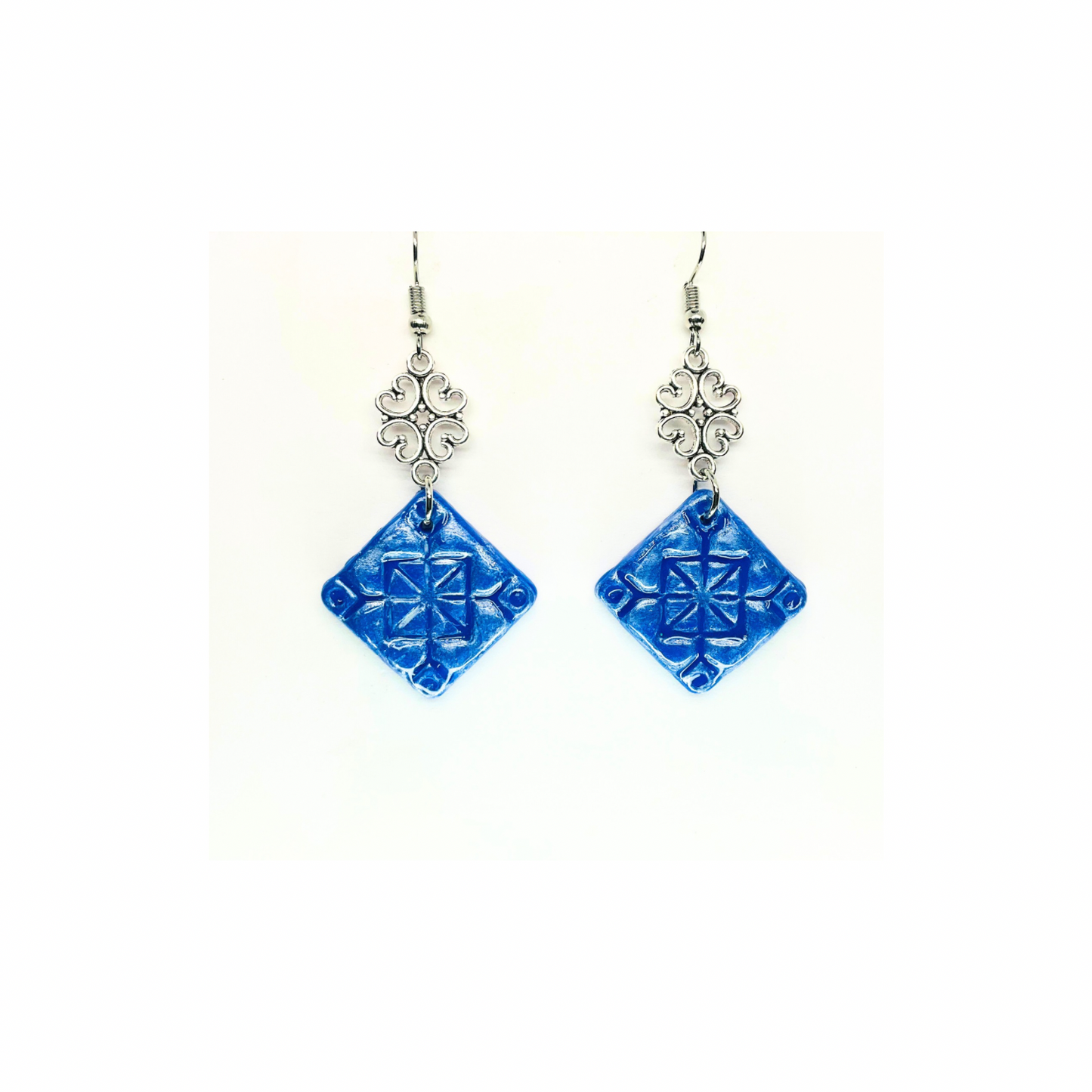 Blue Tile 130 with Silver Charm Dangle Earrings - Blue Square Design & Silver Charm Accents
