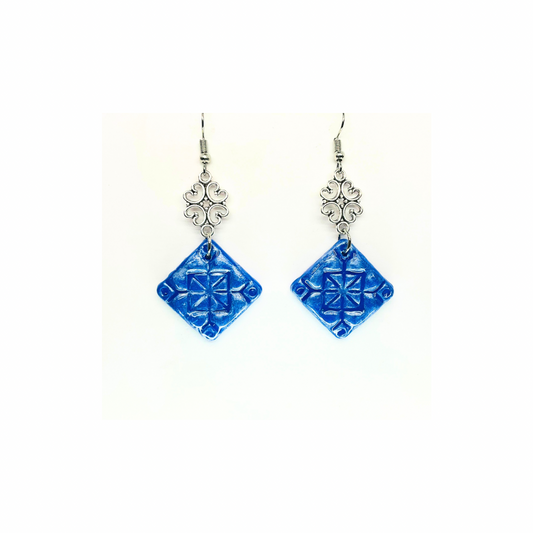 Blue Tile 130 with Silver Charm Dangle Earrings - Blue Square Design & Silver Charm Accents
