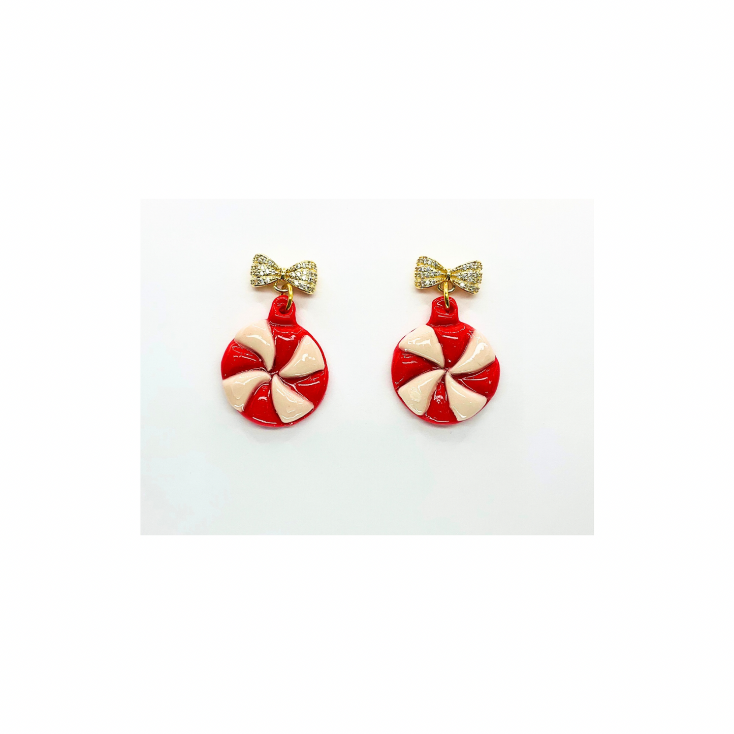 Starlight Peppermint with Gold Rhinestone Bow Stud Dangle Earrings Red & White Candy Design
