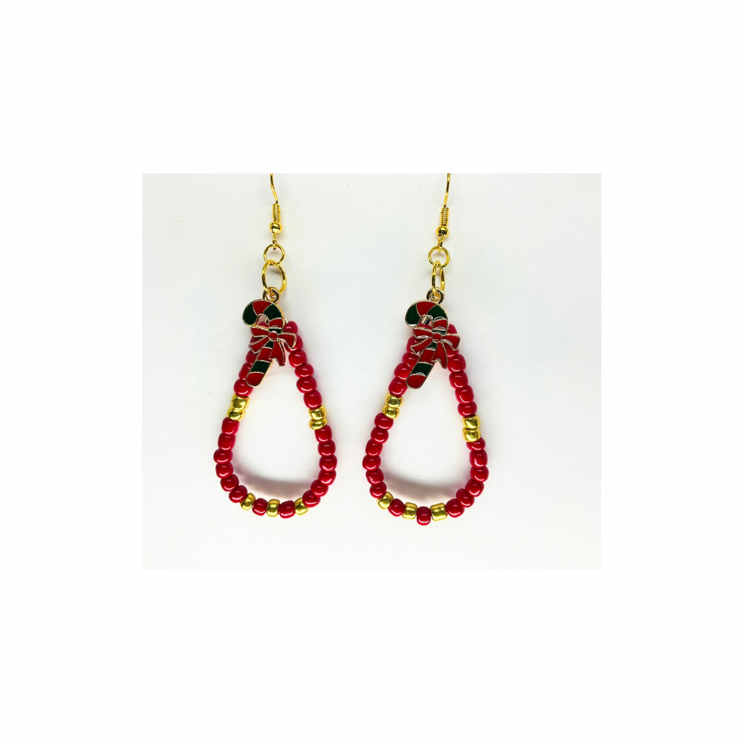 Teardrop Red and Gold Beaded Dangle with Candy Cane Charm Earrings