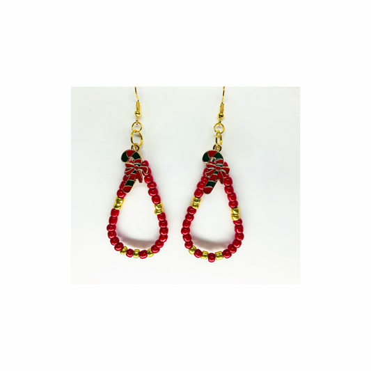 Teardrop Red and Gold Beaded Dangle with Candy Cane Charm Earrings