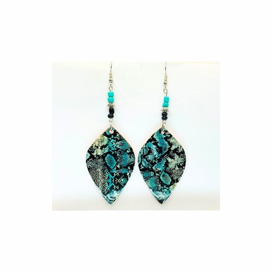 Turquoise and Black Snake Skin Lightweight Wood Dangle Earrings