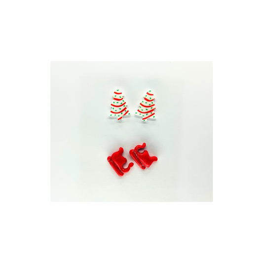 Debbie Cake Tree and Red Sleigh Stud Earrings Festive Christmas Design for Holiday Wear