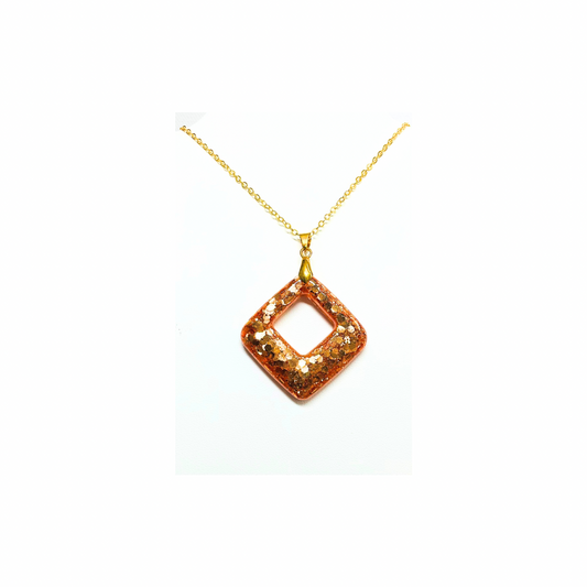 Copper Sparkle Square Resin Pendant Necklace with Gold Bail & 18-inch Chain Handmade Unique Style Jewelry