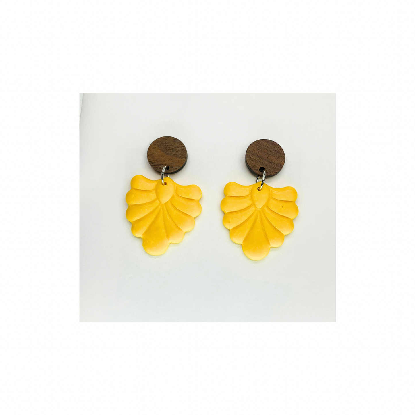 Fall Collection Yellow Dangle Earrings with Wood Button Studs Unique Design Fashion Accessory