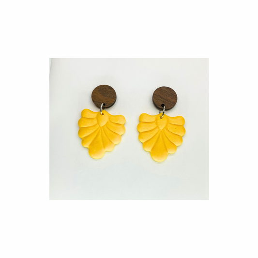 Fall Collection Yellow Dangle Earrings with Wood Button Studs Unique Design Fashion Accessory