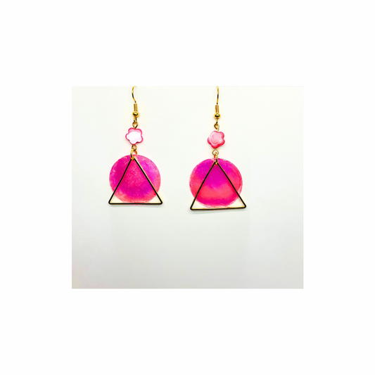 Pink Shell Collection Bright Pink Circle with Gold Triangle Dangle Earrings for Female Fashion Jewelry