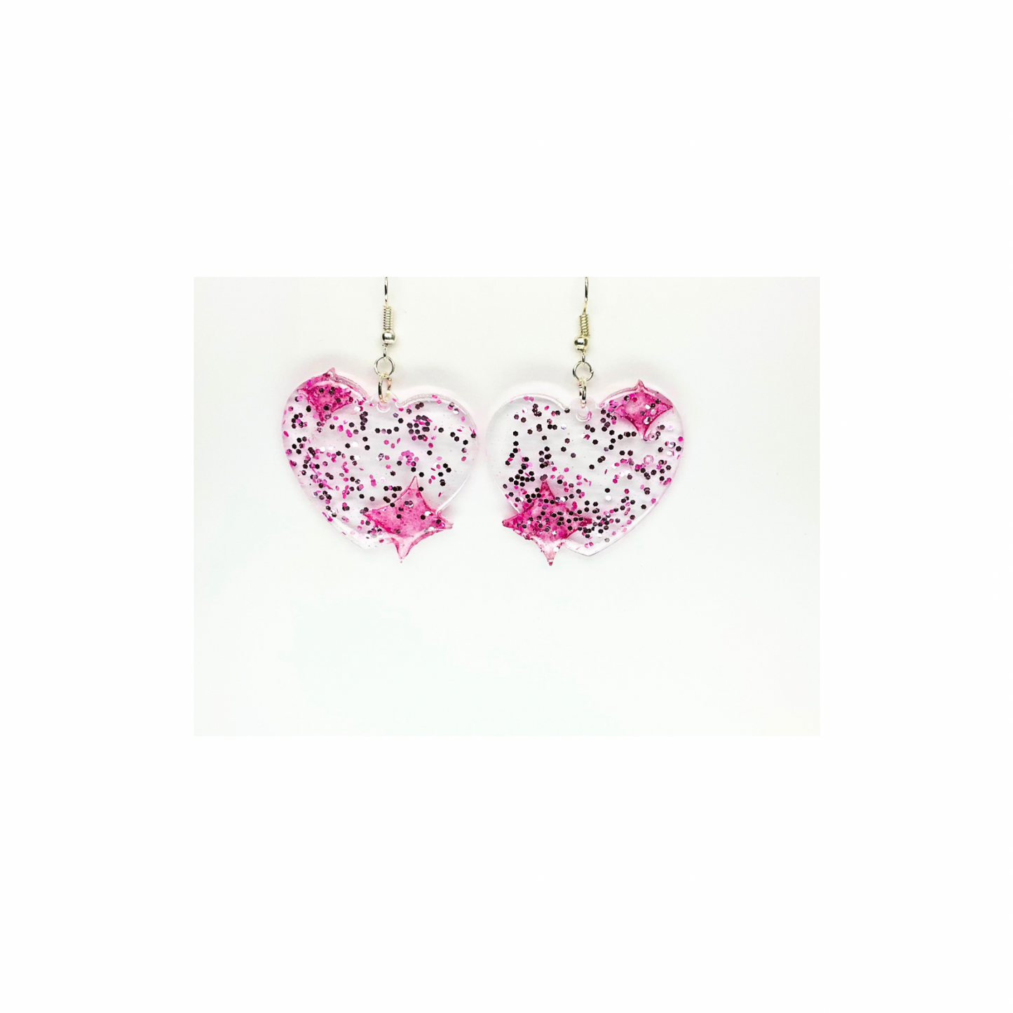 Pink Sparkle Heart Earrings  Dangle Style with Pink Glitter & Silver Hook Carrier Unique Handcrafted Jewelry