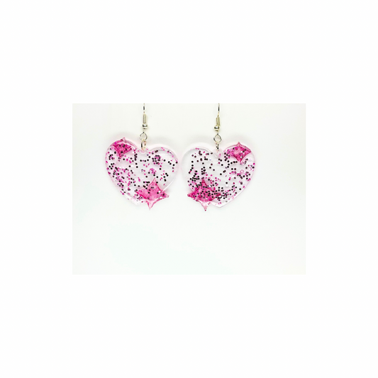 Pink Sparkle Heart Earrings  Dangle Style with Pink Glitter & Silver Hook Carrier Unique Handcrafted Jewelry