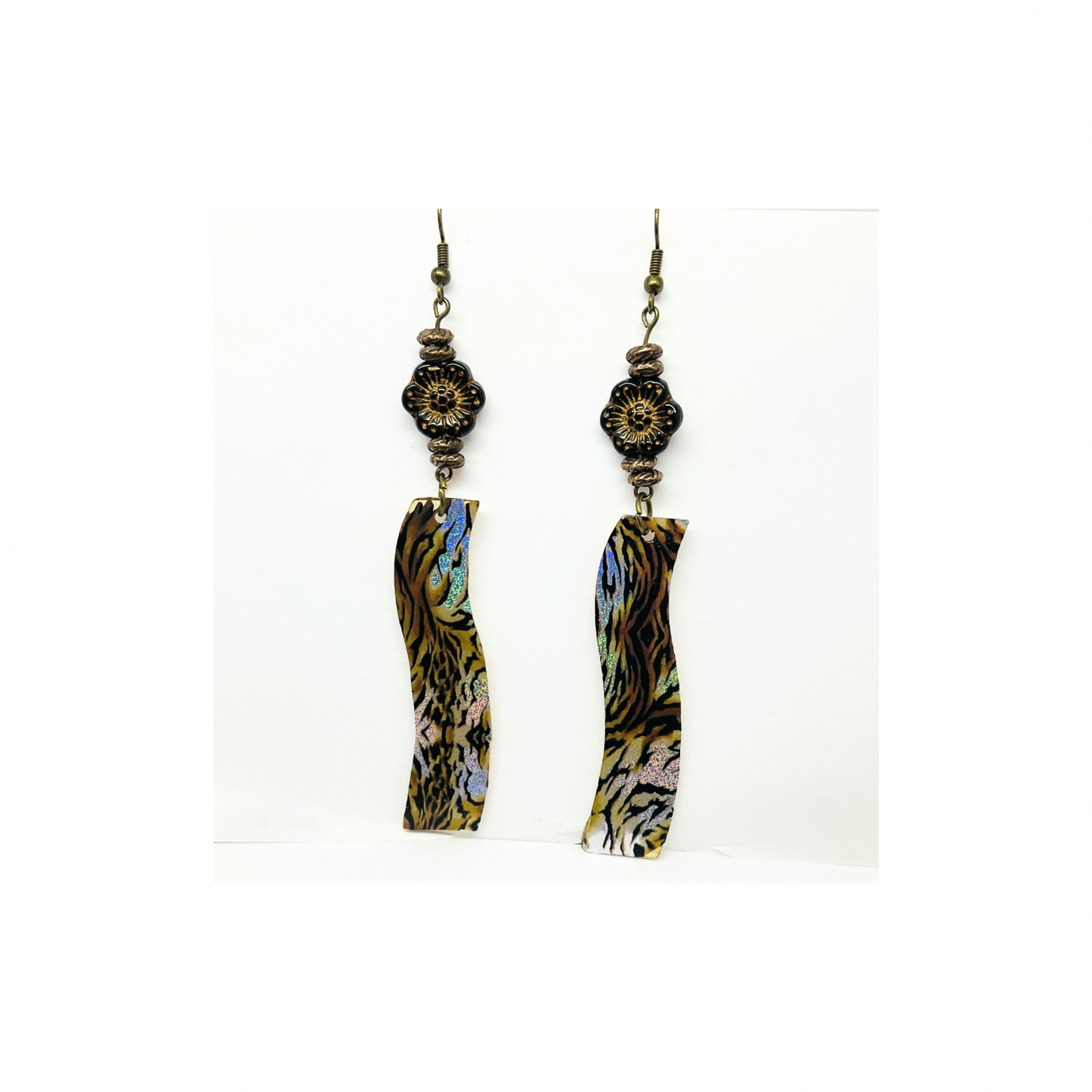 Animal Print Wood Dangle with Brown Flower Bead Earrings