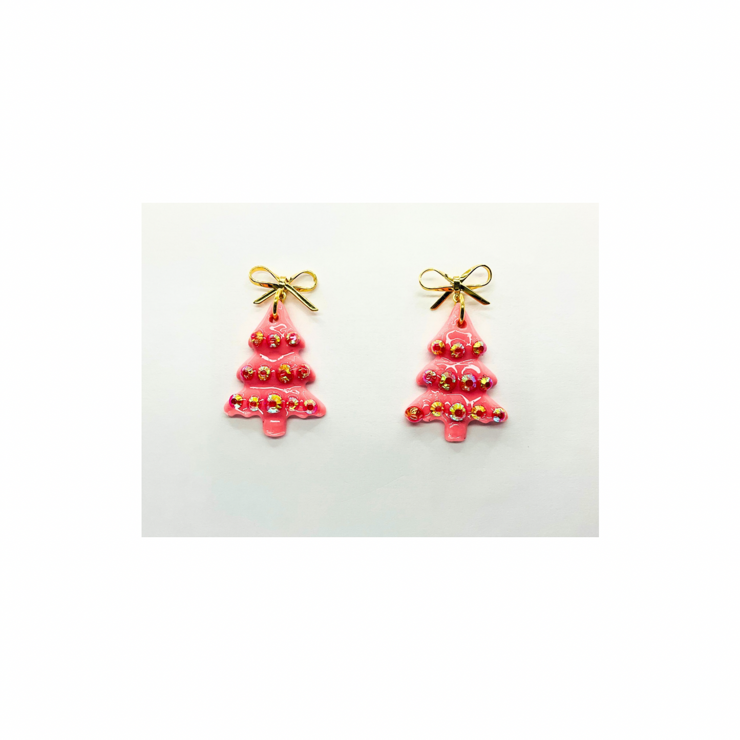Pink Rhinestone Tree with Gold Bow Stud Dangle Earrings for Festive Wear