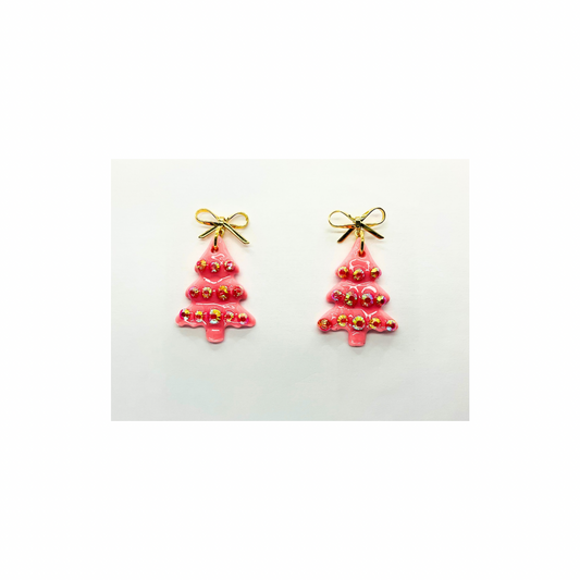 Pink Rhinestone Tree with Gold Bow Stud Dangle Earrings for Festive Wear