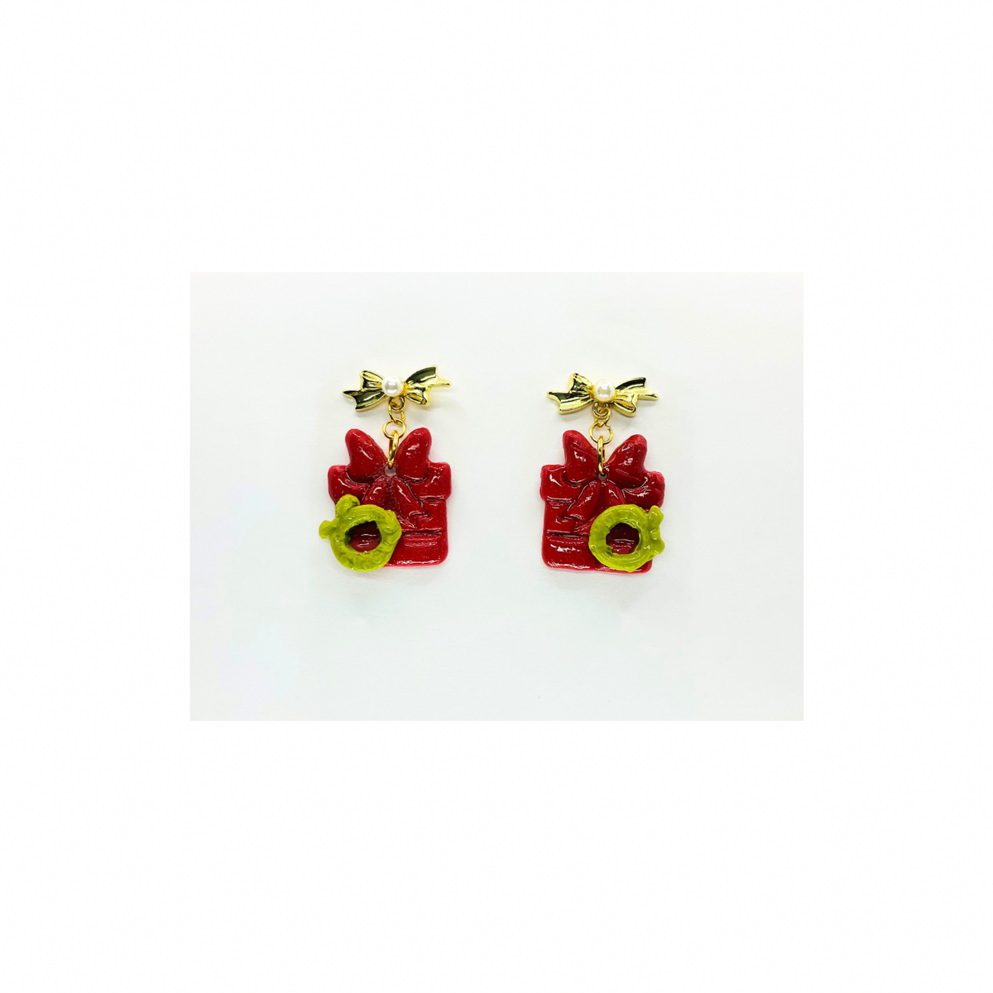 Christmas Gift Earrings: Red Present with Gold Bow, Holiday Dangles