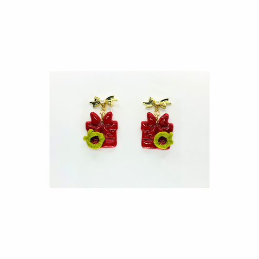 Christmas Gift Earrings: Red Present with Gold Bow, Holiday Dangles