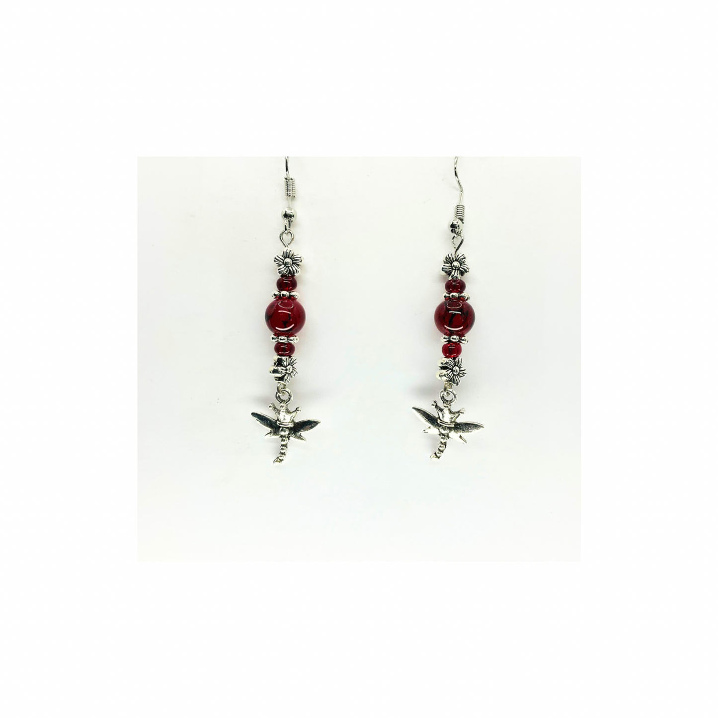 Red Crystal Glass Bead Dangle with Silver Dragonfly