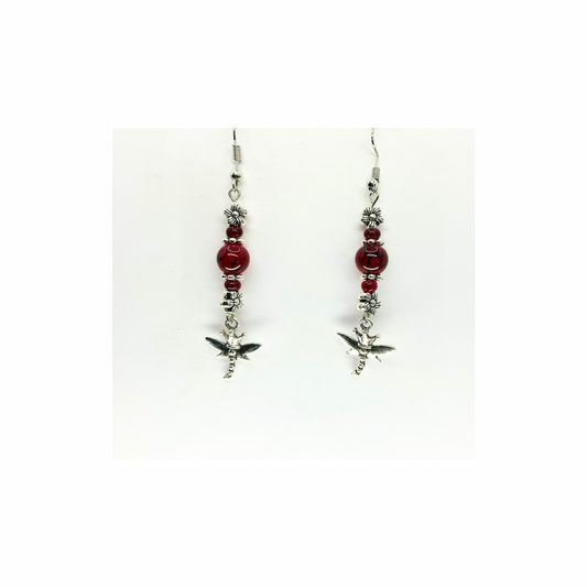 Red Crystal Glass Bead Dangle with Silver Dragonfly