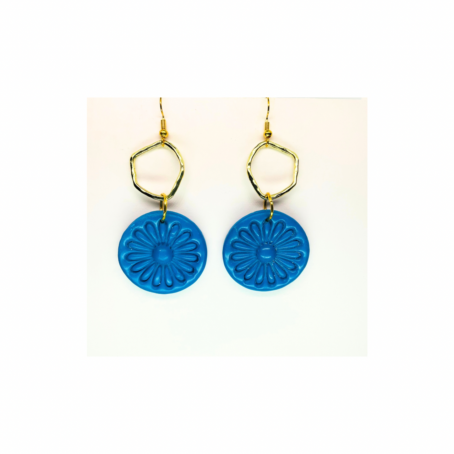 Blue Circle with Gold Accents Dangle Earrings - Unique Design Featuring Blue Circular Charms and Gold Accents