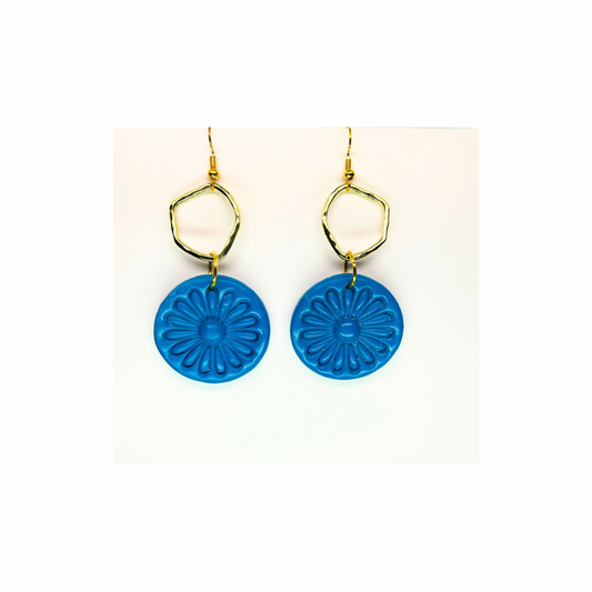Blue Circle with Gold Accents Dangle Earrings - Unique Design Featuring Blue Circular Charms and Gold Accents