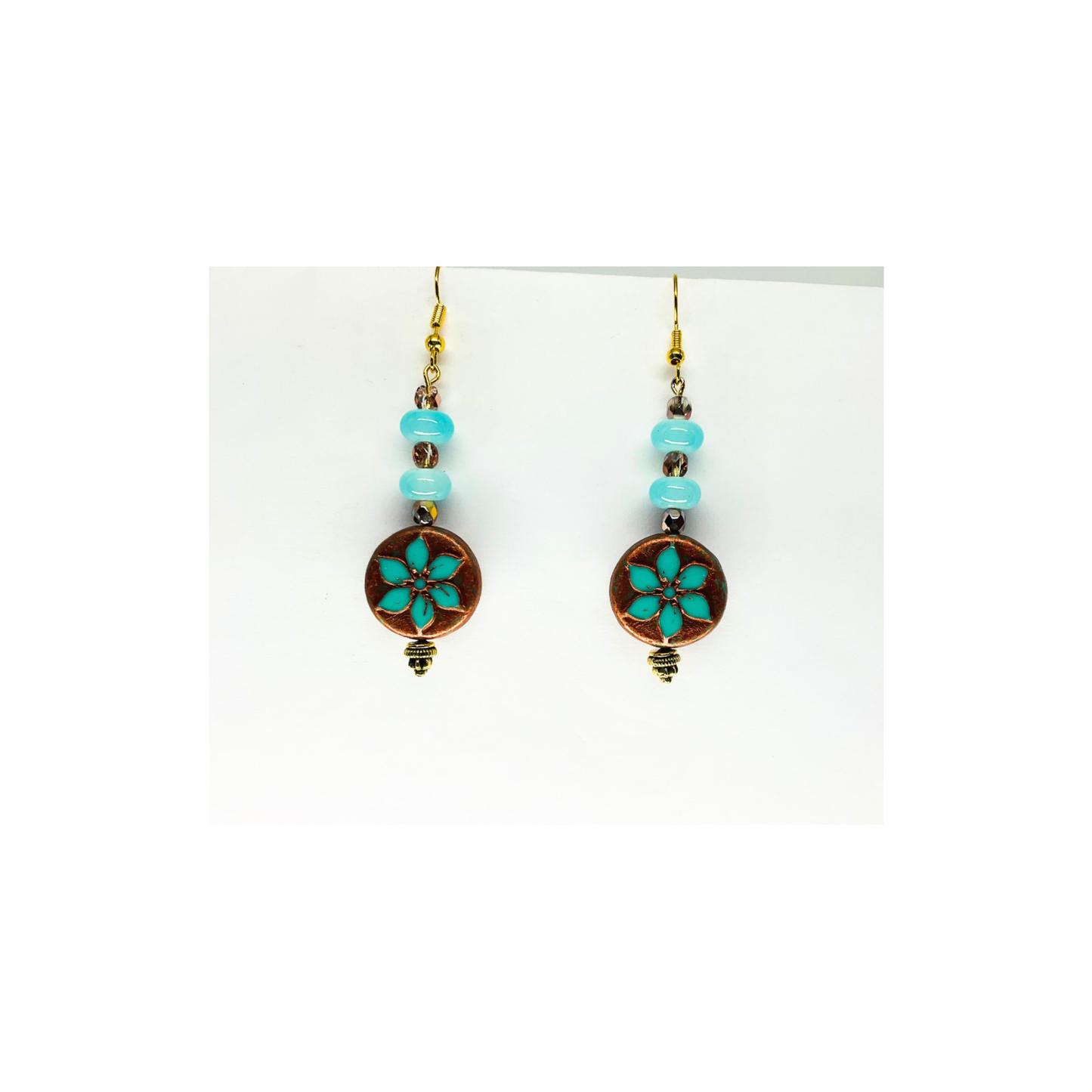 Dangle Earrings Bronze Round Blue Flower with Bead Accent