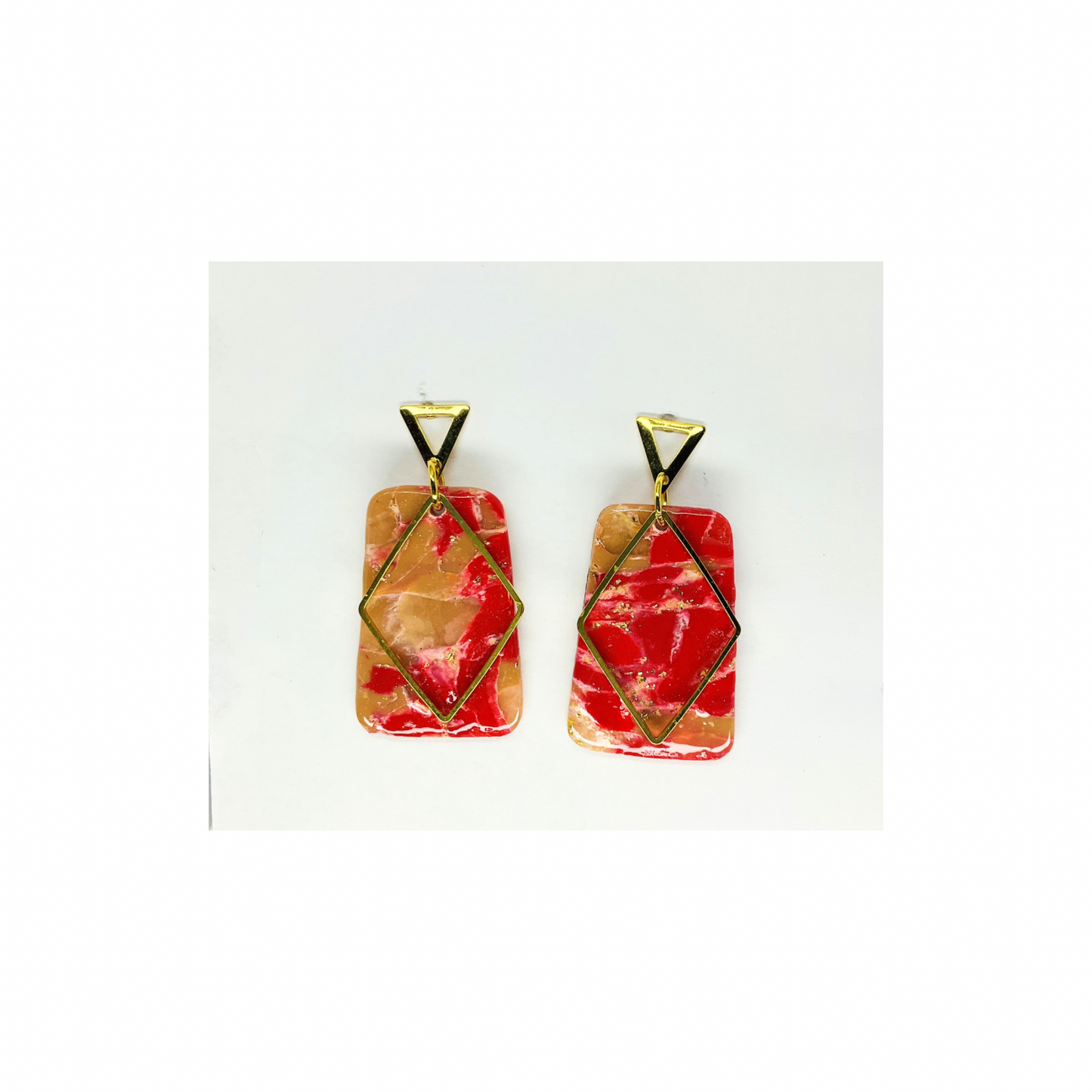 Red and Gold Dangle with Gold Triangle Stud Earrings-Crafting By BB