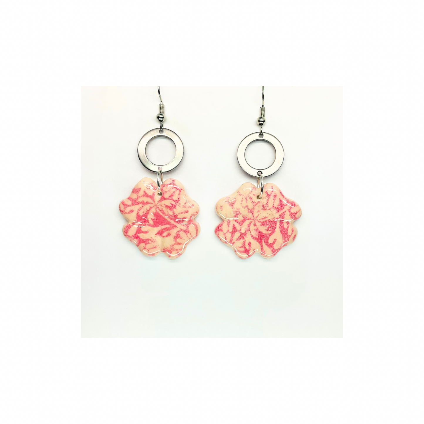 Beach Bloom Collection Pink Flower with Silver Circle Dangle Earring for Female FashionJewelry