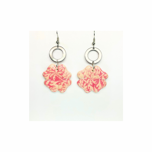 Beach Bloom Collection Pink Flower with Silver Circle Dangle Earring for Female FashionJewelry