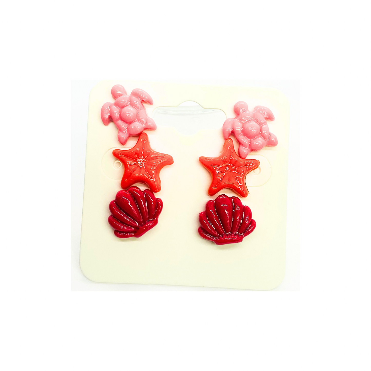 Mermaid Collection Light Pink Turtle, Orange Starfish and Dark Pink Shell Stud Earrings