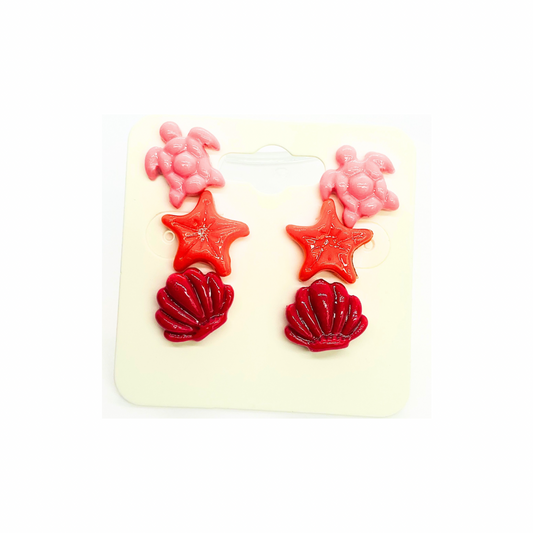 Mermaid Collection Light Pink Turtle, Orange Starfish and Dark Pink Shell Stud Earrings