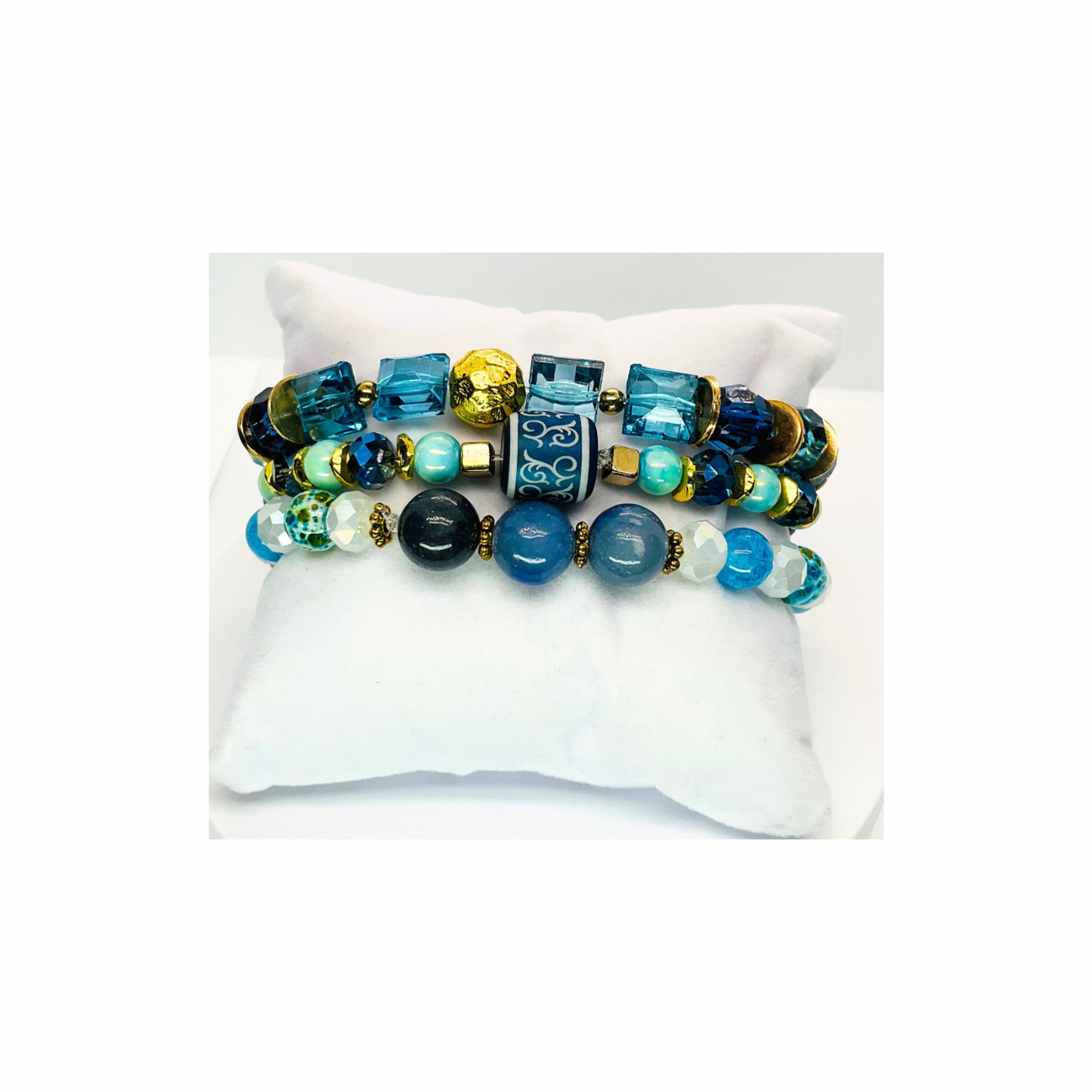 Blue Stacked Stretch Set of Three Bracelets with Colorful Beads and Gold Accents for Stylish Accessory