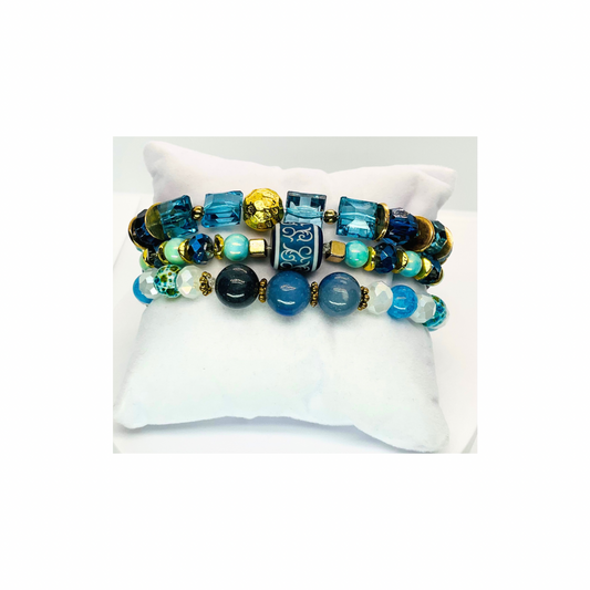 Blue Stacked Stretch Set of Three Bracelets with Colorful Beads and Gold Accents for Stylish Accessory