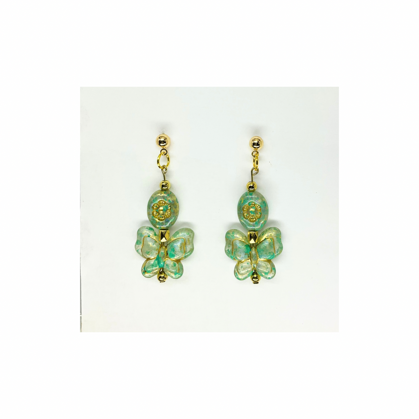 Green and Gold Bohemia Czech Butterfly Beads with Gold Ball Stud Dangle Earrings-Crafting By BB