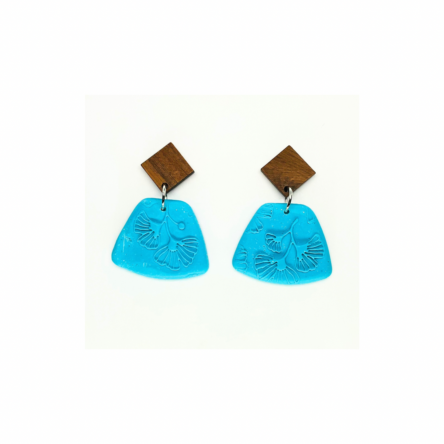 Turquoise Blue Leaf with Wood Stud Dangle Earring - Unique Design Earrings Featuring Leaf Motif and Wooden Accent
