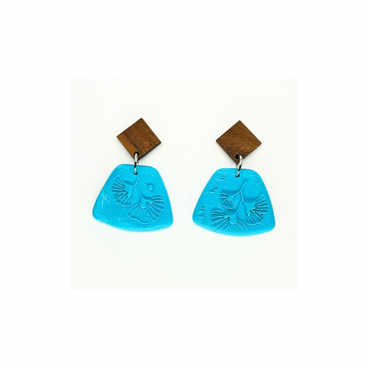 Turquoise Blue Leaf with Wood Stud Dangle Earring - Unique Design Earrings Featuring Leaf Motif and Wooden Accent