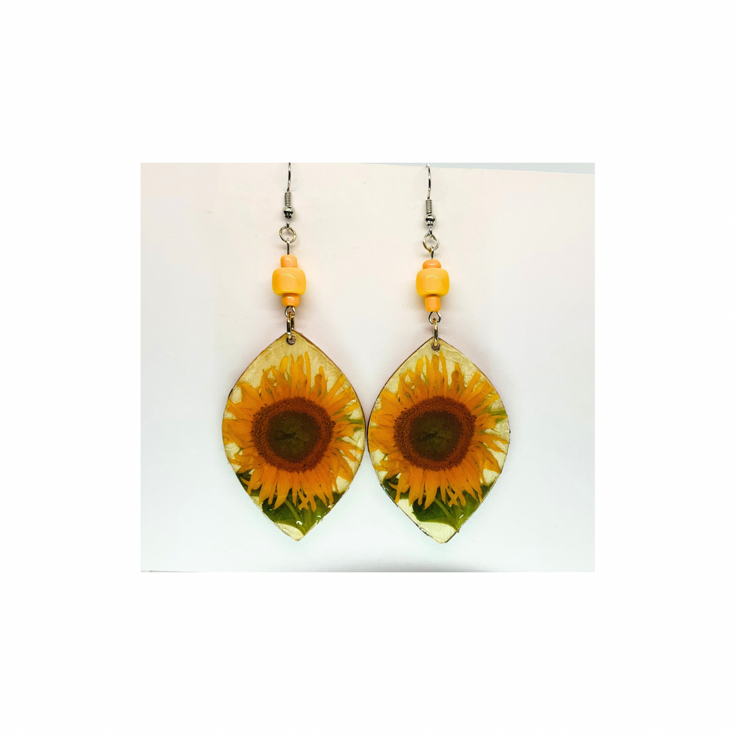 French Garden Collection Teardrop Wood Sunflower Dangle Earring with Yellow Beads and Silver Hooks