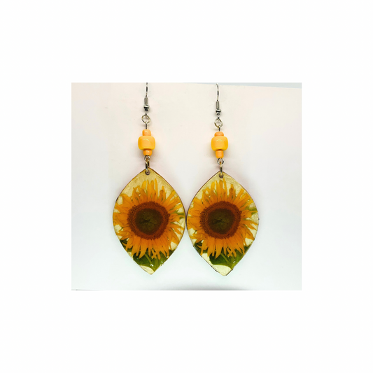 French Garden Collection Teardrop Wood Sunflower Dangle Earring with Yellow Beads and Silver Hooks