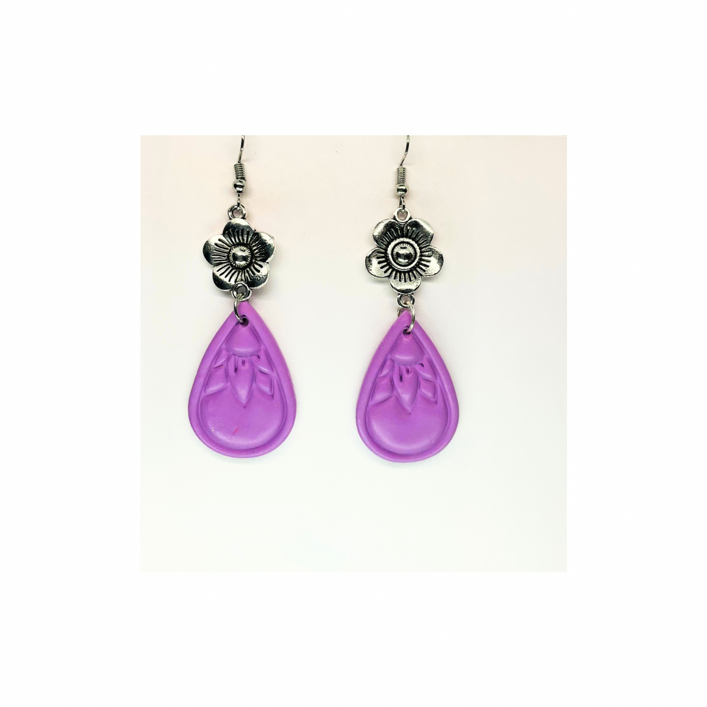 Purple Sunflower Teardrop Silver Flower Dangle Earrings with Unique Design and Colorful Teardrop Shape