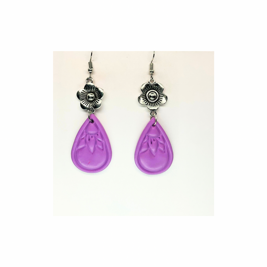 Purple Sunflower Teardrop Silver Flower Dangle Earrings with Unique Design and Colorful Teardrop Shape