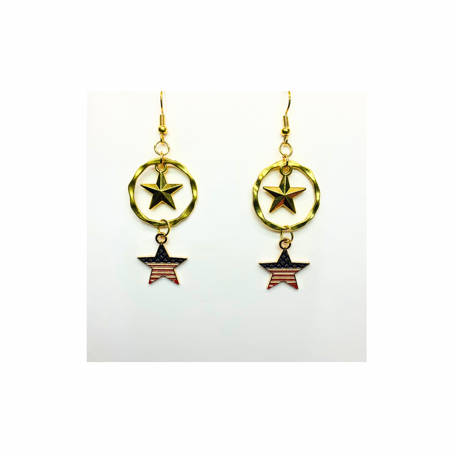 Patriotic Collection Gold Circle with Star Charm Dangle Earrings American Flag Design