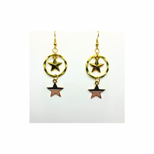 Patriotic Collection Gold Circle with Star Charm Dangle Earrings American Flag Design