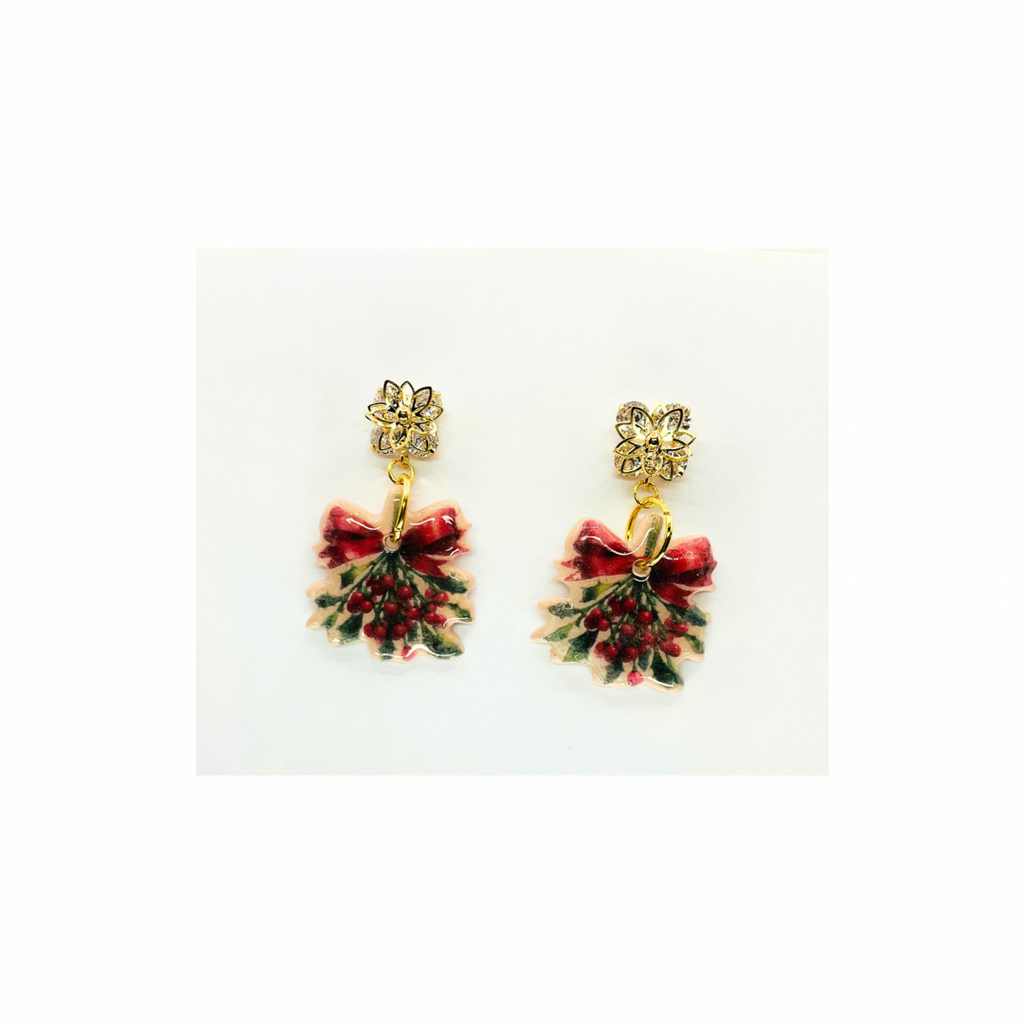 Christmas Holly Leaf with Rhinestone Star Dangle Earrings Festive Holiday Jewelry for Women
