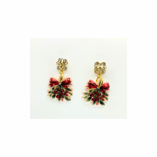 Christmas Holly Leaf with Rhinestone Star Dangle Earrings Festive Holiday Jewelry for Women