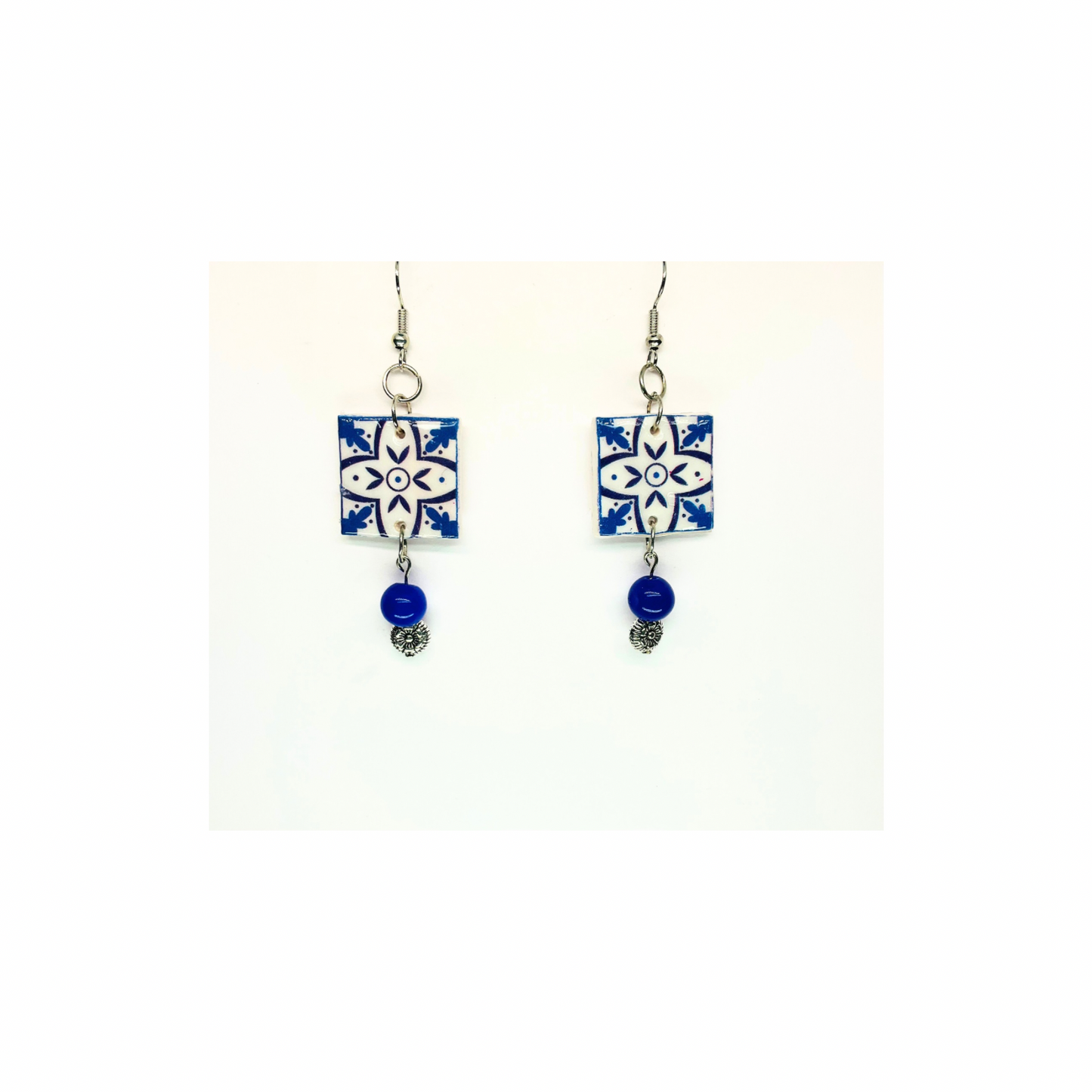French Garden Collection Blue White Ceramic Tile Earrings with Blue Bead Dangle for Women Elegant Design Versatile Stylish Accessory