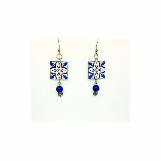 French Garden Collection Blue White Ceramic Tile Earrings with Blue Bead Dangle for Women Elegant Design Versatile Stylish Accessory