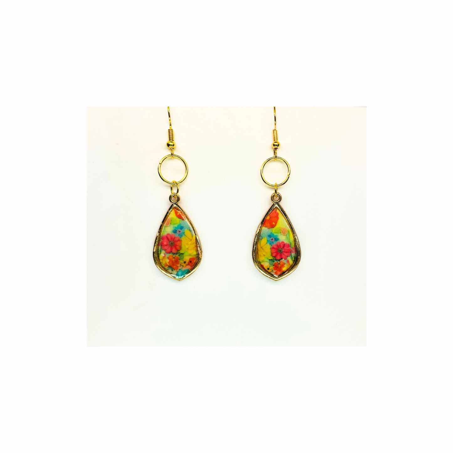 French Garden Collection Gold Teardrop Floral Dangle Earring with Vibrant Multicolor Flowers and Elegant Gold Finish