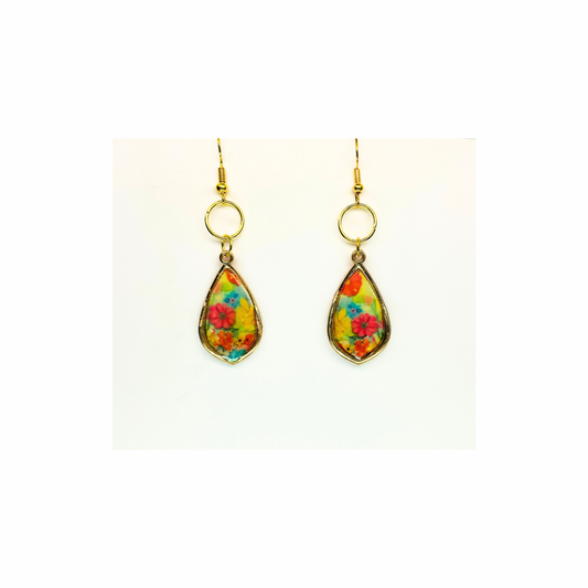 French Garden Collection Gold Teardrop Floral Dangle Earring with Vibrant Multicolor Flowers and Elegant Gold Finish